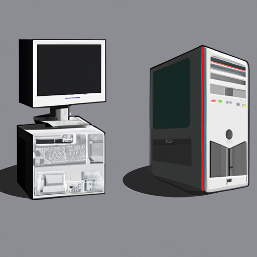 השוואה זו לצד זו בין מחשב שולחני מוקדם למחשב מודרני, המדגישה את ההבדלים בגודל, בעיצוב וביכולות.
