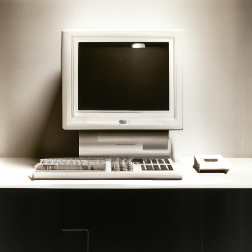 תצלום וינטג' של דגם מוקדם של מחשב שולחני, המציג את העיצוב המגושם והצג המונוכרום שלו.