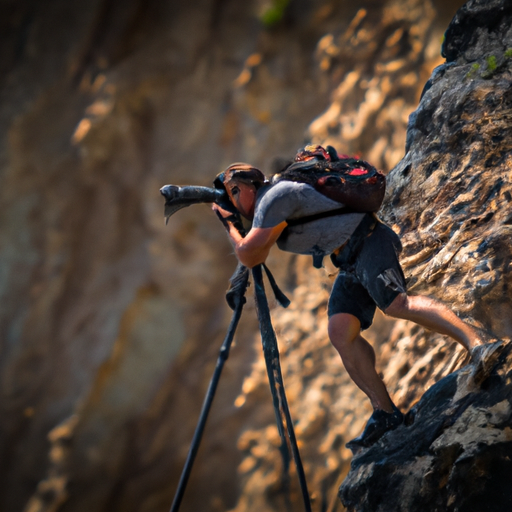צלם בפעולה, לוכד רגע אינטנסיבי תוך כדי תלייה על צוק באמצעות מצלמה מקצועית.